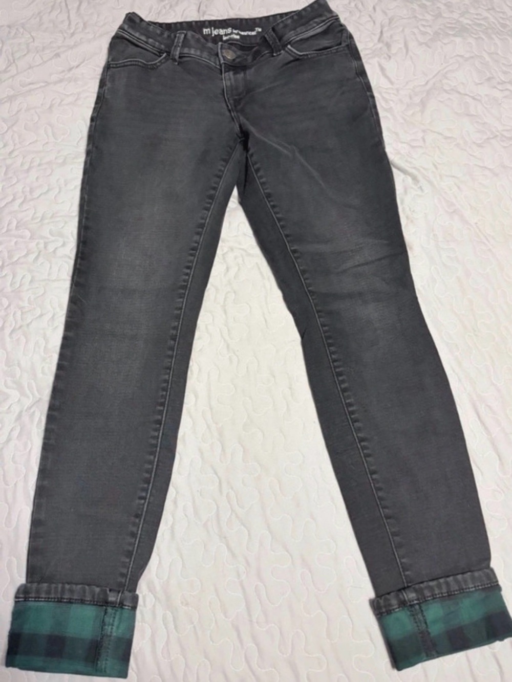 Maurices Women's Black Skinny Jeans with Green Plaid Cuff